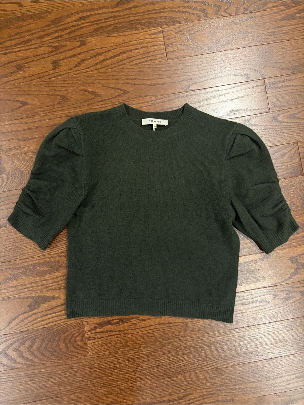 Frame Denim Dark Forest Green Puff Sleeve Cashmere Top